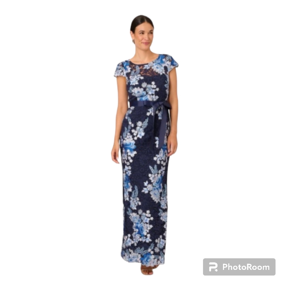 Adrianna Pappell Floral Embroidered Gown in Navy/Multi